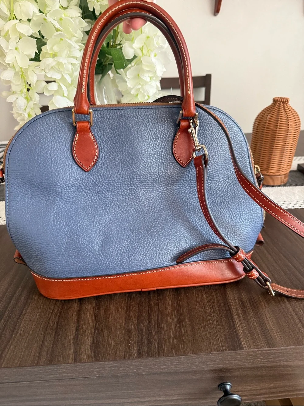 Dooney & Bourke Blue Pebbled Leather Satchel with Brown Trim